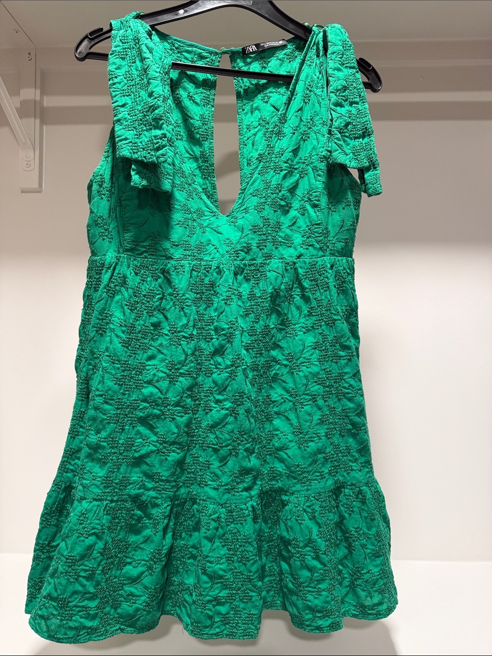 Zara Emerald Green Textured V-Neck Mini Dress